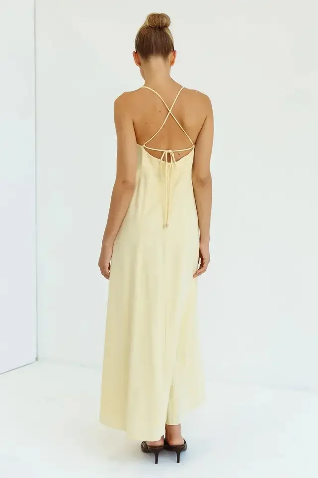 Summer simple elegant ladies spaghetti strap sleeveless side pocket plus size backless linen cotton maxi casual dresses