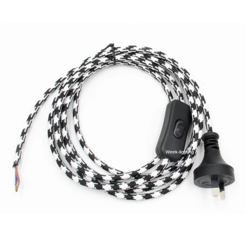 220V AC Vintage Power Cord With EU Plug Line Switch Fabric Covered Twisted Cable 2 Meters Long