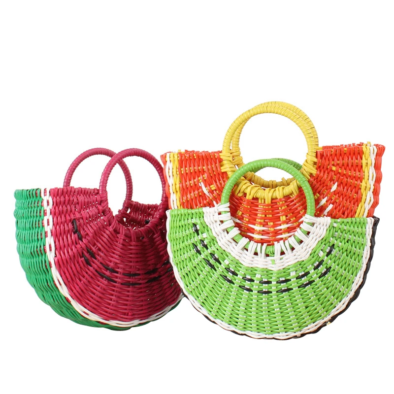 Wholesale Watermelons Shape Hand Woven Plastic Straw Willow Wicker Bag Beach Bag Shopping Bag