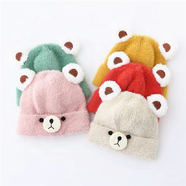 Новое поступление 2022 однотонные детские зимние вязаные шапки-бини с животными медведем ушками для младенцев