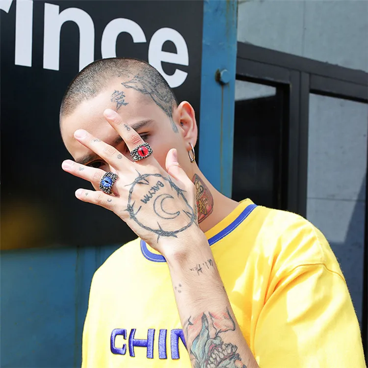 Retro Personality Opening Hipster Punk Iced Out Rings Adjustable Mens Silver Evil Blue Eye Ring