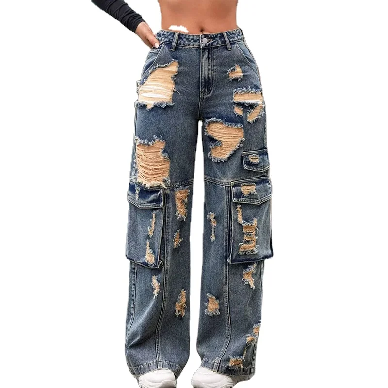 100% cotton jeans High Street women baggy trousers high rise multi pockets faded washed denim wide leg cargo jeans
