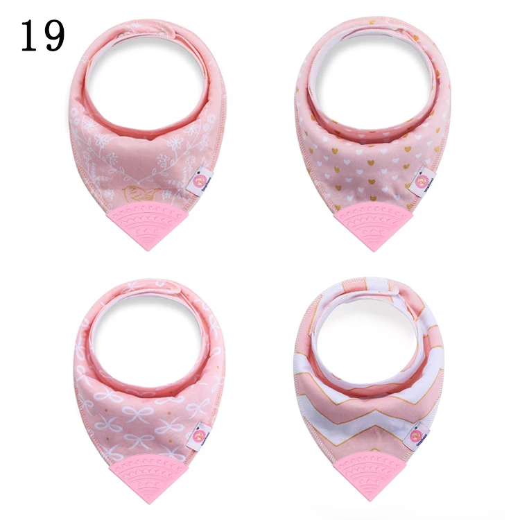 ODM/OEM Organic Cotton Printing Pattern 4 Pack Baby Drool Bandana Bibs With Silicone Teether
