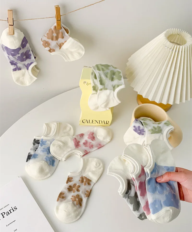 Summer Thin Fresh Floral Cotton Nylon Sheer Socks Non Slip No Show Women Socks