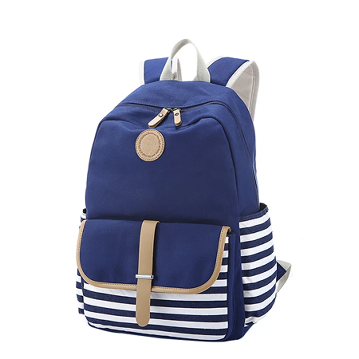 Blue Casual Canvas Backpack School Bag For Daily Use,School Life And More With Cute Stripe Patterns