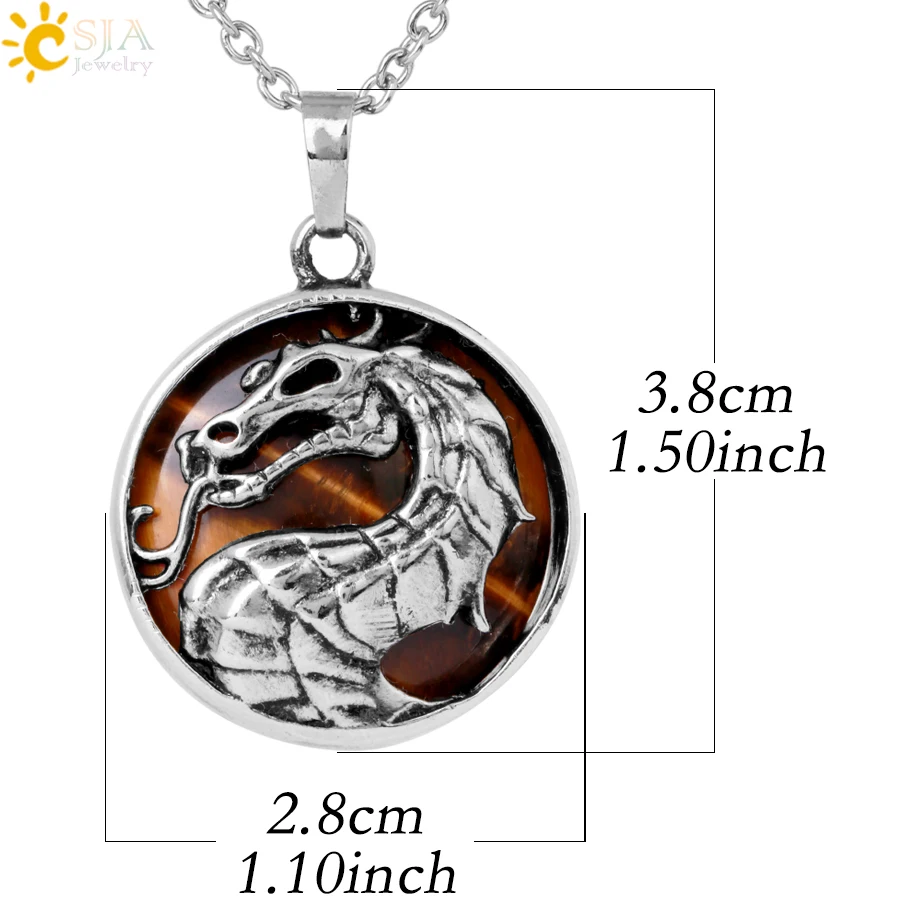 CSJA Wholesale Vintage Jewelry Round Healing Crystal Quartz Natural Stone Pendant Chinese Dragon Necklace for Women H122
