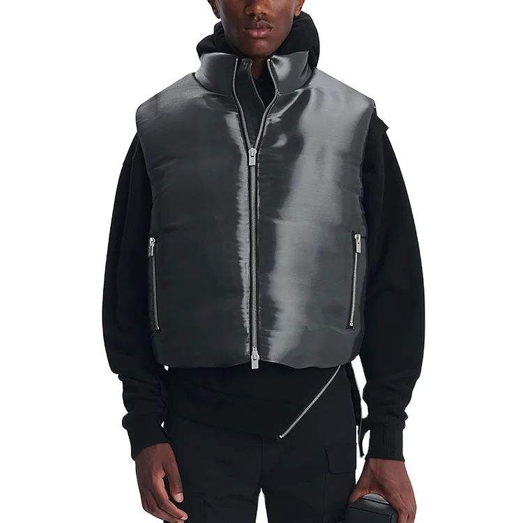 Custom Crop Fit Zipper Puffer Quilted Liquid Metal Down Vest Men