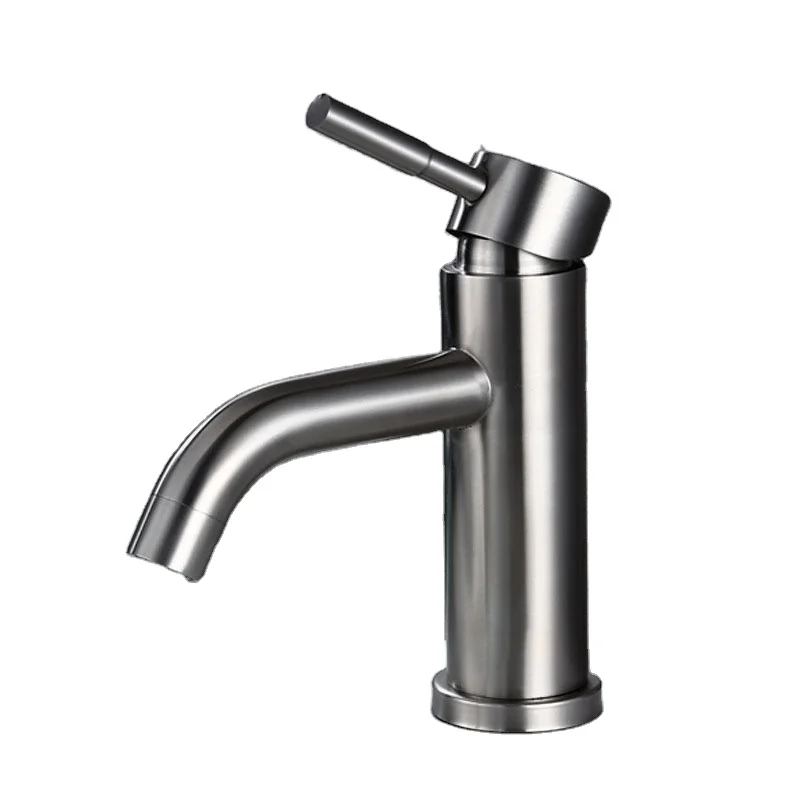 Stainless Steel 304 Curved Spout Mixer Brushed Hot and Cold Water Basin Faucet