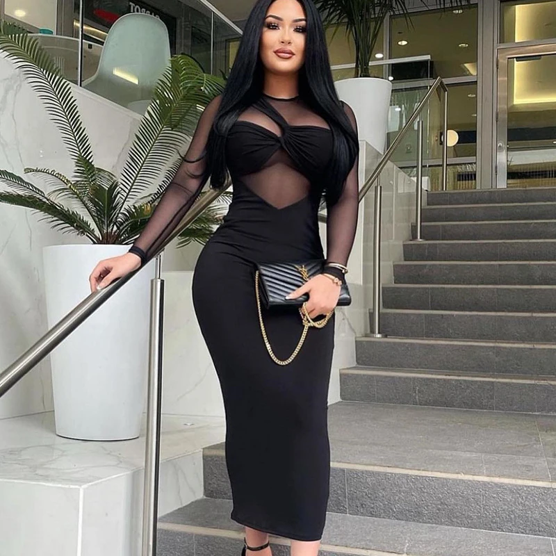 J3538 fashion bodycon mesh patched long sleeve midi dress for women