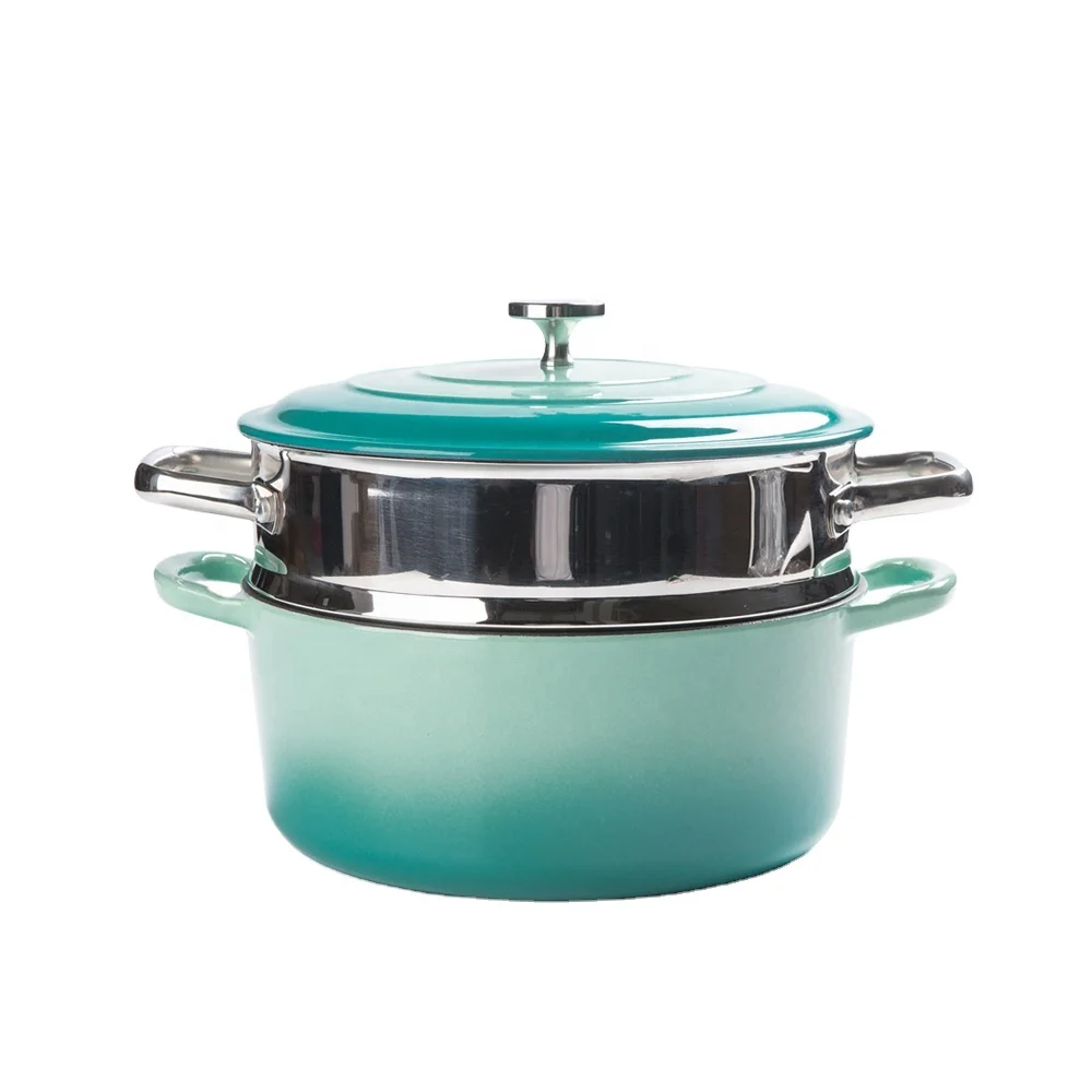 M-cooker ducth oven enamel steamer pot dish stew soup cooking cast iron casserole with stainless steel steamer