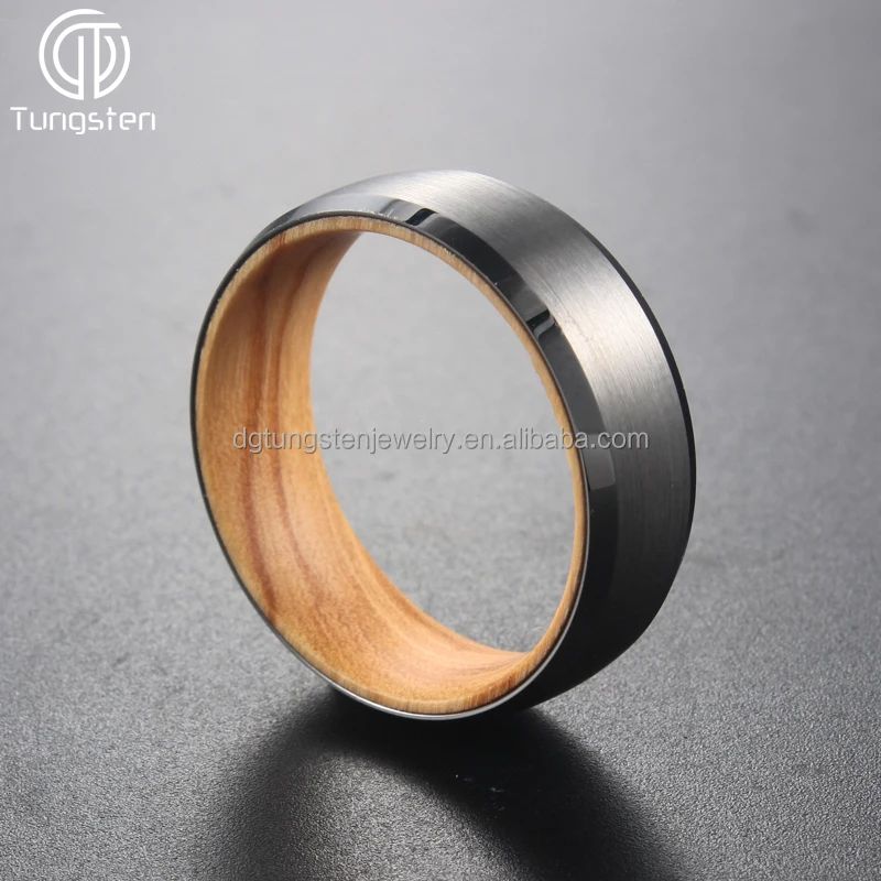 Olive Wood Ring 8mm Tungsten Sleeve Comfort Fit Black Silver Dome Beveled Forest