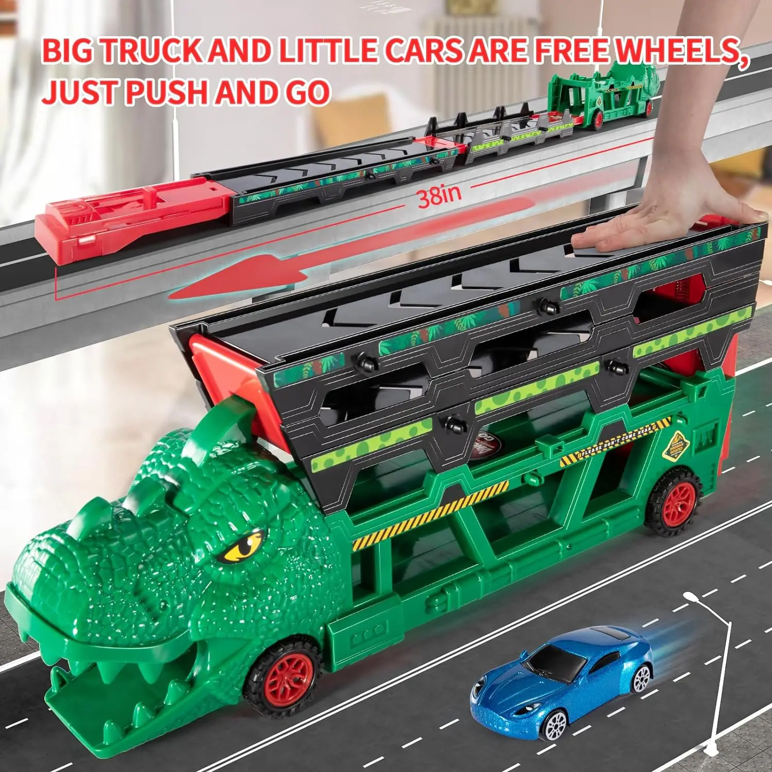 Грузовик TEMI 2 в 1 T-rex для хранения 6 шт. литой автомобиль 1:64 4 уровня грузовик динозавров 38 дюймов катапультирование гоночная трасса
