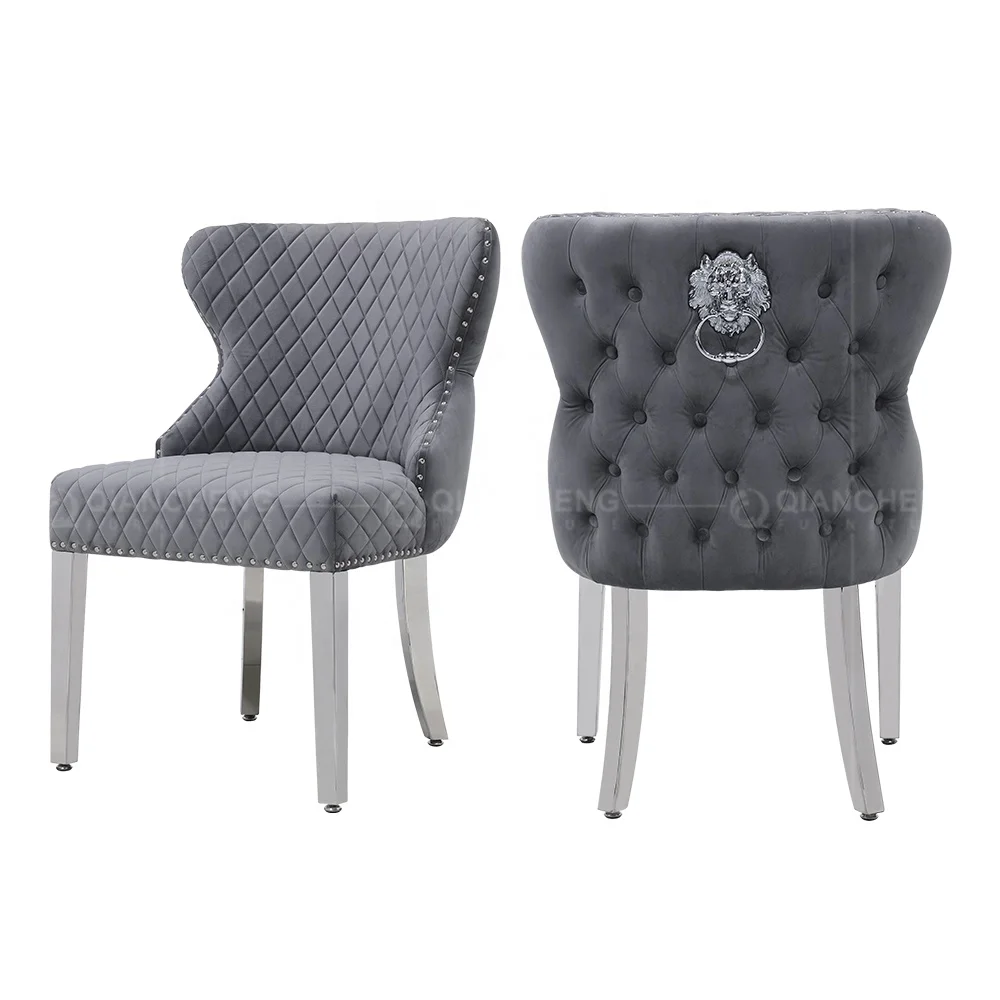 luxury lion knocker dinning chair sets modern silver stainless steel velvet fabric dining room chairs