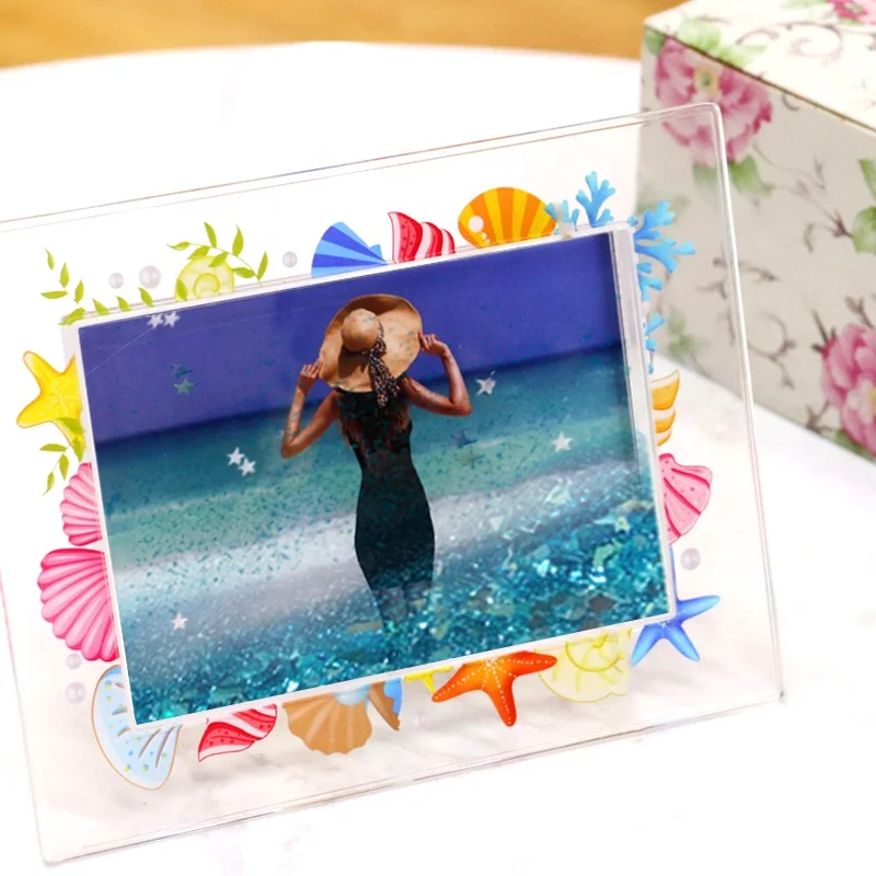 4 x 6 inch Home Decorative Acrylic PMMA Sparkle Shiny Liquor Flow Confetti Fluid Floaty Picture Photo Frame with Bracket Stand