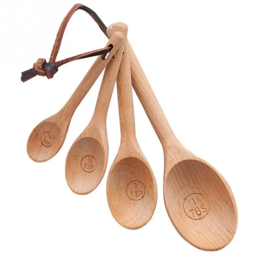 Hot Selling Natural Pack of 4 BeechWood Tablespoon Coffee Tea Spice Sugar Custom Eco Friendly Wooden Scoops Measuring Spoon Set