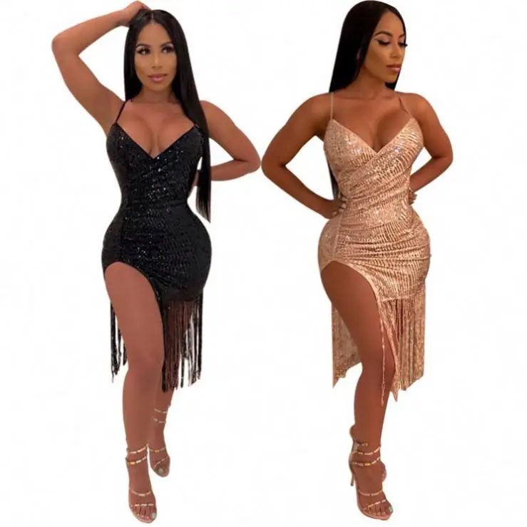 New Arrivals Ladies Dress Deep V Neck Sequin Tassels Women Clothing Suspender Sleeveless Sexy Club Wear Skinny Women Dresses