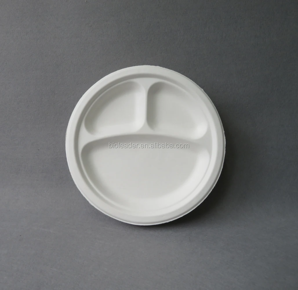 Disposable 3 Compartment Bagasse Dishes Plate Fish Dish Round Food Paper Natural Plant Pattern Not Support On-glazed 50000pcs