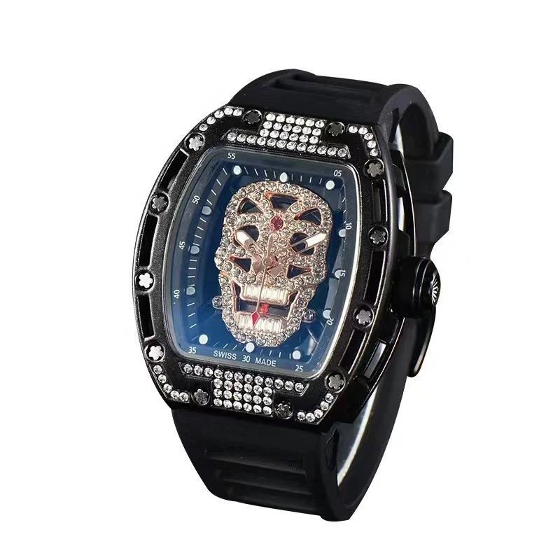 Custom Logo Classic Silver Diamond Hollow Out Ghost Head RM Watch For Men Wrist Luxury Richard Quartz Watches Waterproof