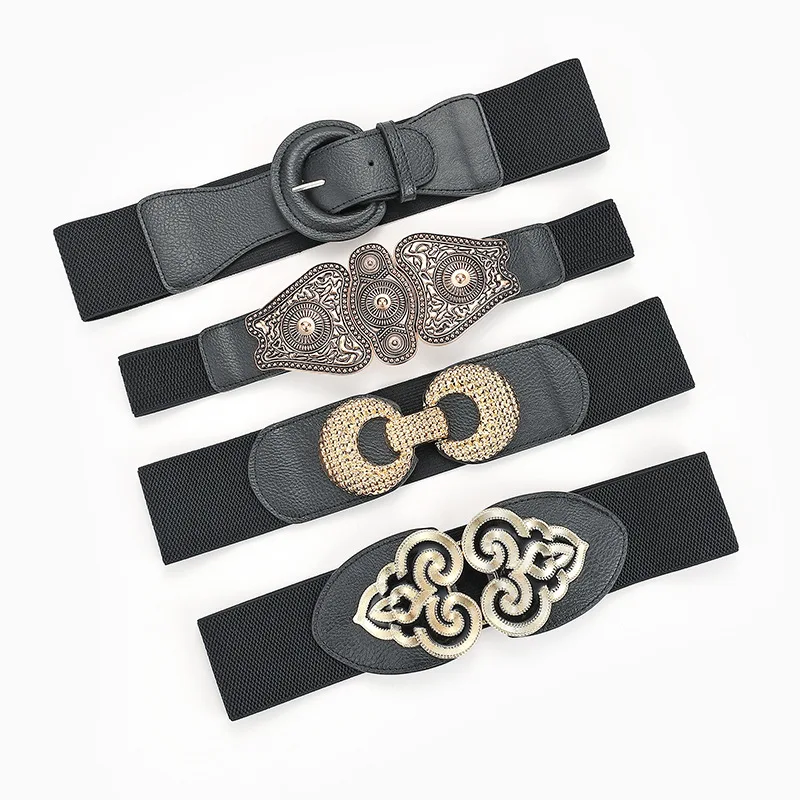 The New Metal Interlock Buckle Elastic Waist Fashion Belt Women Lady Basic Wide Stretchy Cinch Belt for Dress