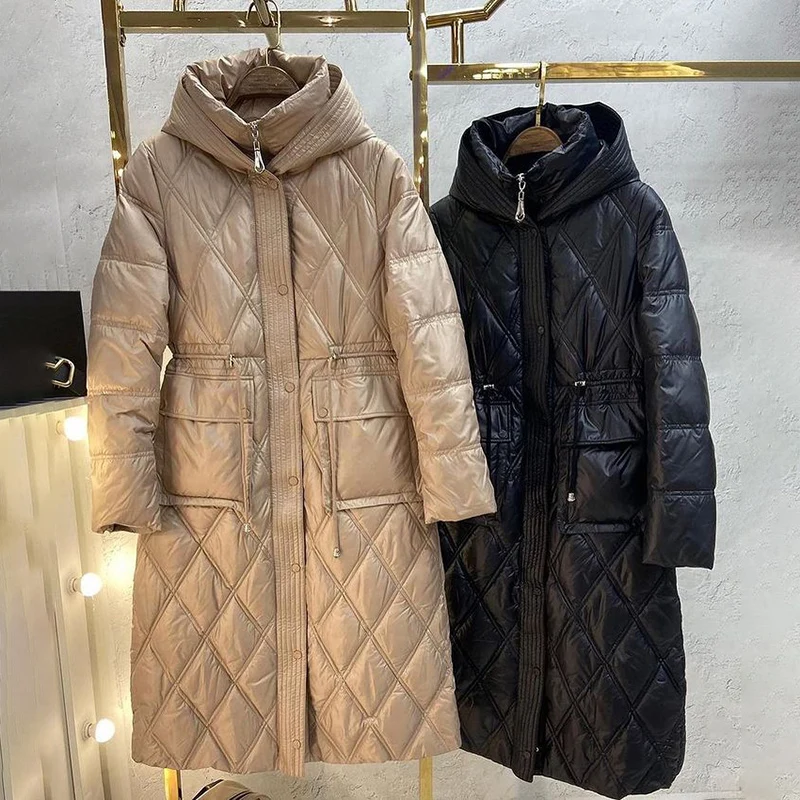 Winter Hooded Parkas Women Elegant Pockets Long Coats Women Loose Argyle Drawstring Cotton Jackets Ladies