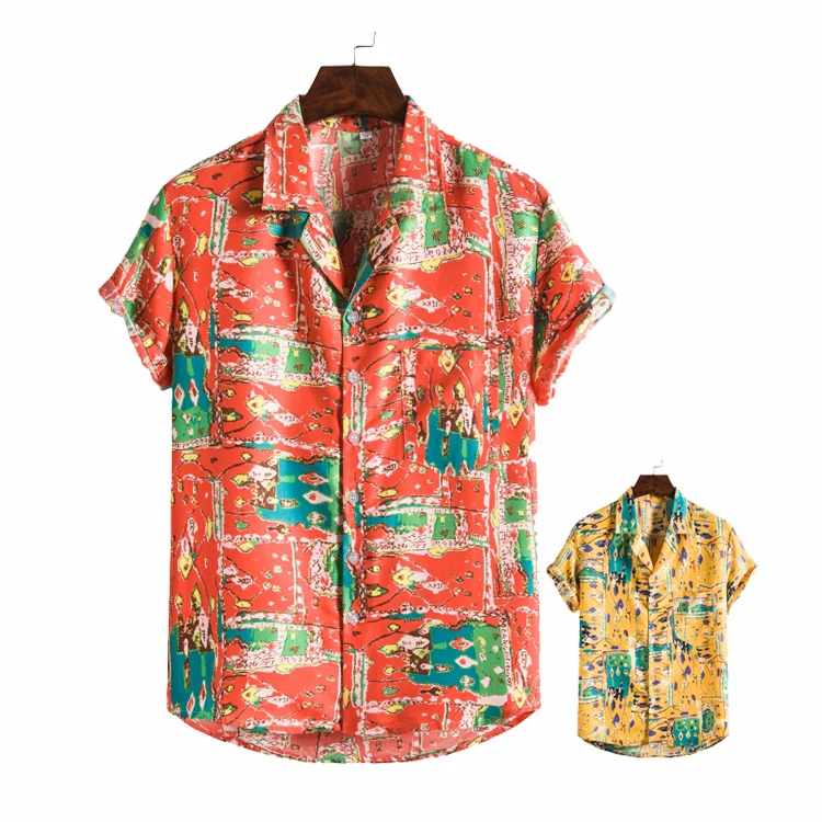 High quality summer fashion red fancy print breathable soft mens hawaiian beach style shirts