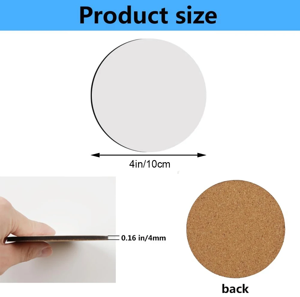 HTPmart 4inch Sublimation 4mm Blank MDF Wooden Coaster with Cork Non-slip Customized Printing Square/Rounde Shape Mug Coaster
