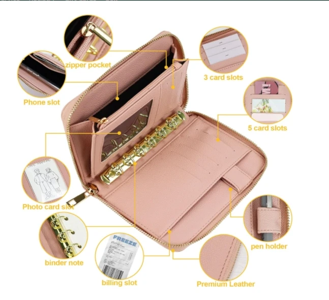 A7 Leather Budget Binder Cash Envelopes PU Leather cover 6 Rings Refillable Money Wallet Organizer for Cash Budgeting and Saving