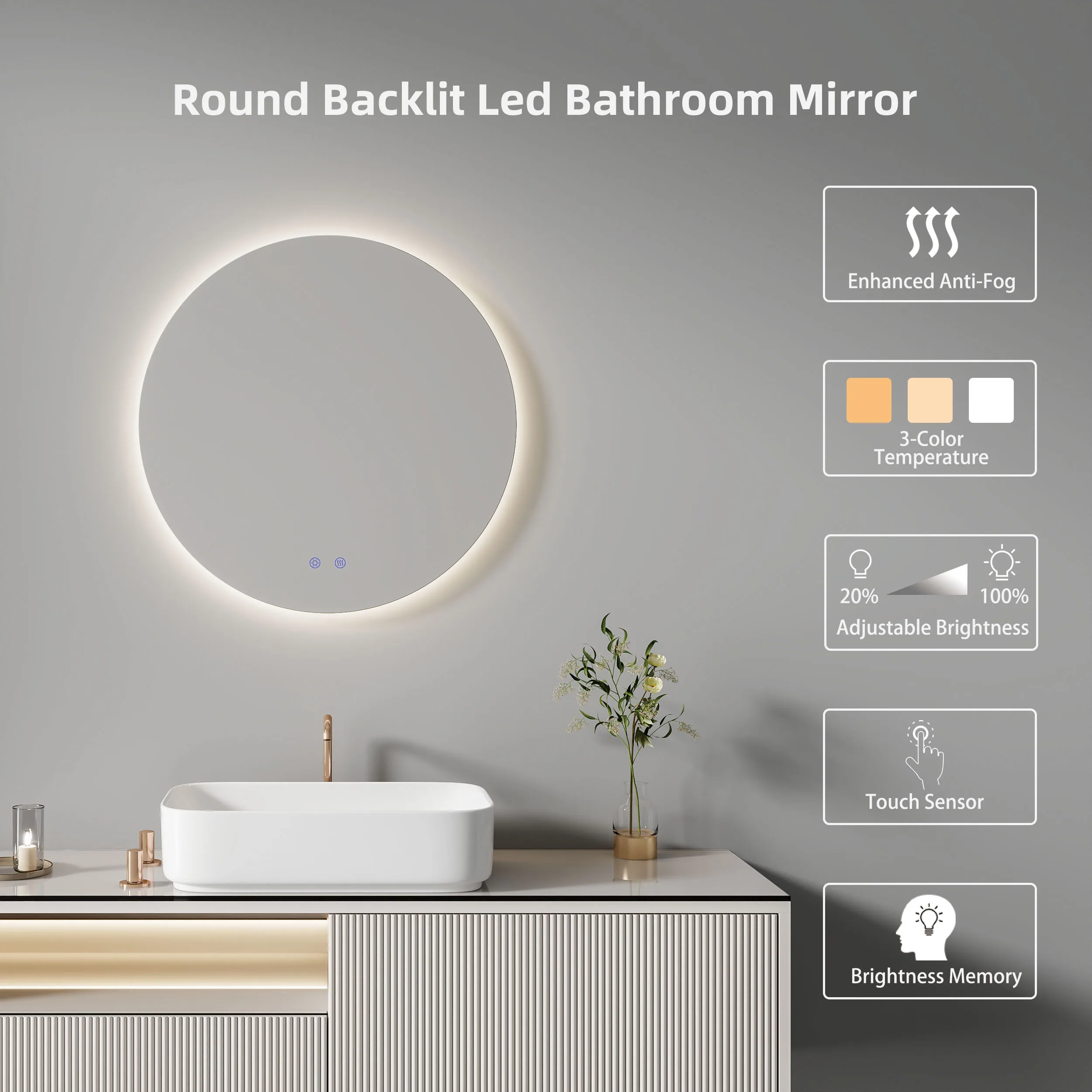 Stepless Dimmable Anti Fog 60cm Backlit Silver Smart Lighted Vanity With Lights Modern Round Led Round Bathroom Mirror 24 Inch