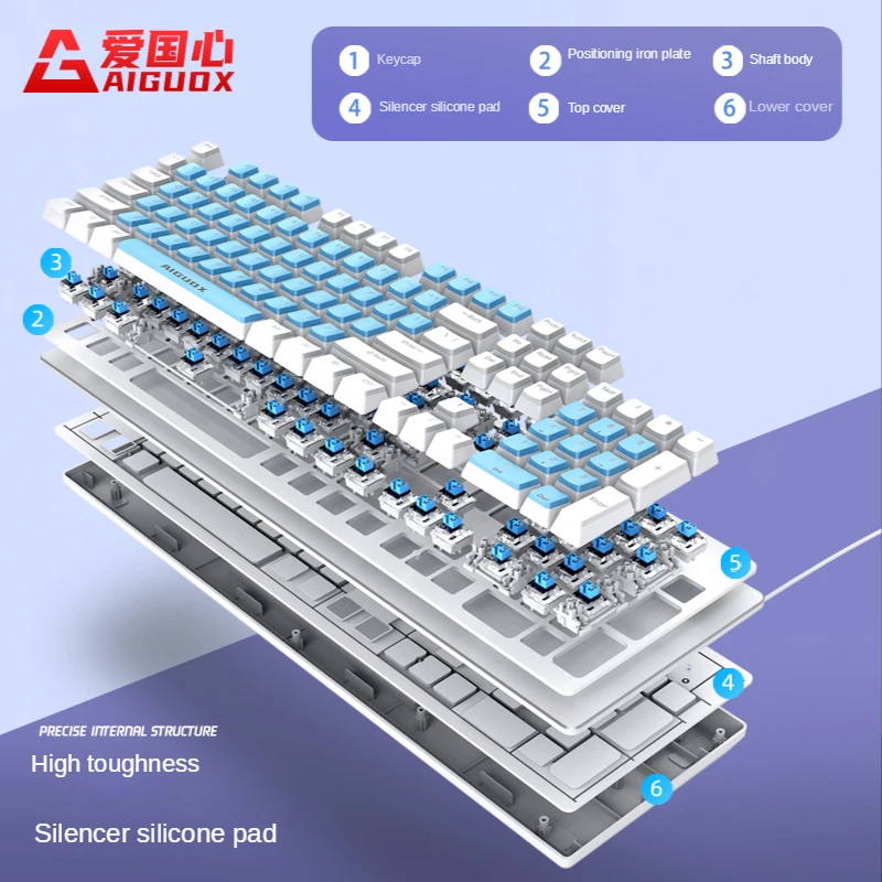 Bajeal high quality white and blue mechanical keyboard 104-key Led backlight wired mechanical keyboard for PC laptop