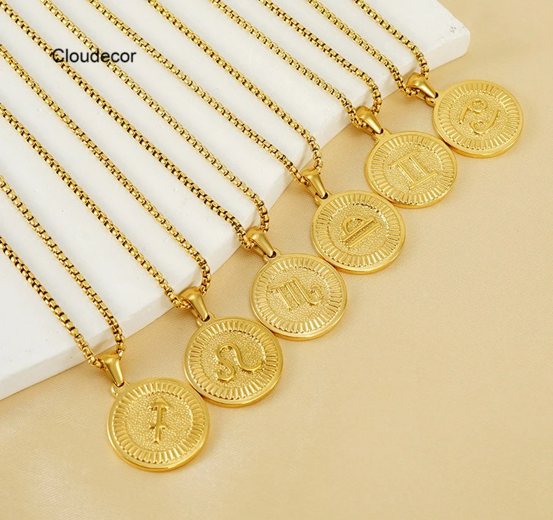Round Zodiac Necklace For Men Women Jewelry Wholesale Simple Stainless Steel Box Chain 18K Gold Plated Zodiac Pendant Necklace