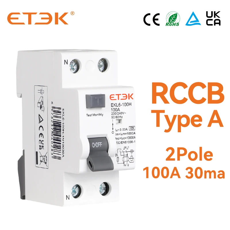 Устройство автоматического выключателя остаточного тока ETEK RCCB 100A 2 P 10KA 100A 30mA тип A RCCB 2-полюсный rccb Тип b