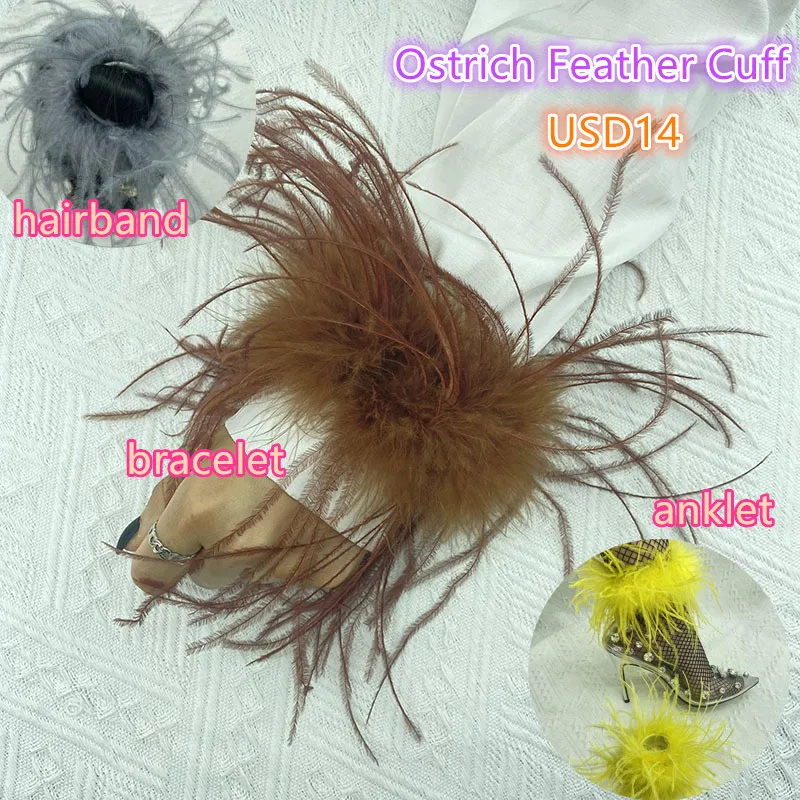 2022 New Long Ostrich Feather Clap Slap Bracelet Turkey Fur Wristband Detachable Real Feather Fur Cuffs