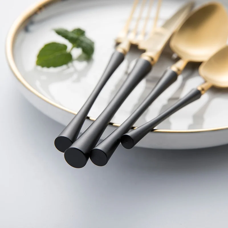 Black  gold luxury wedding used flatware set  stainless steel cutlery