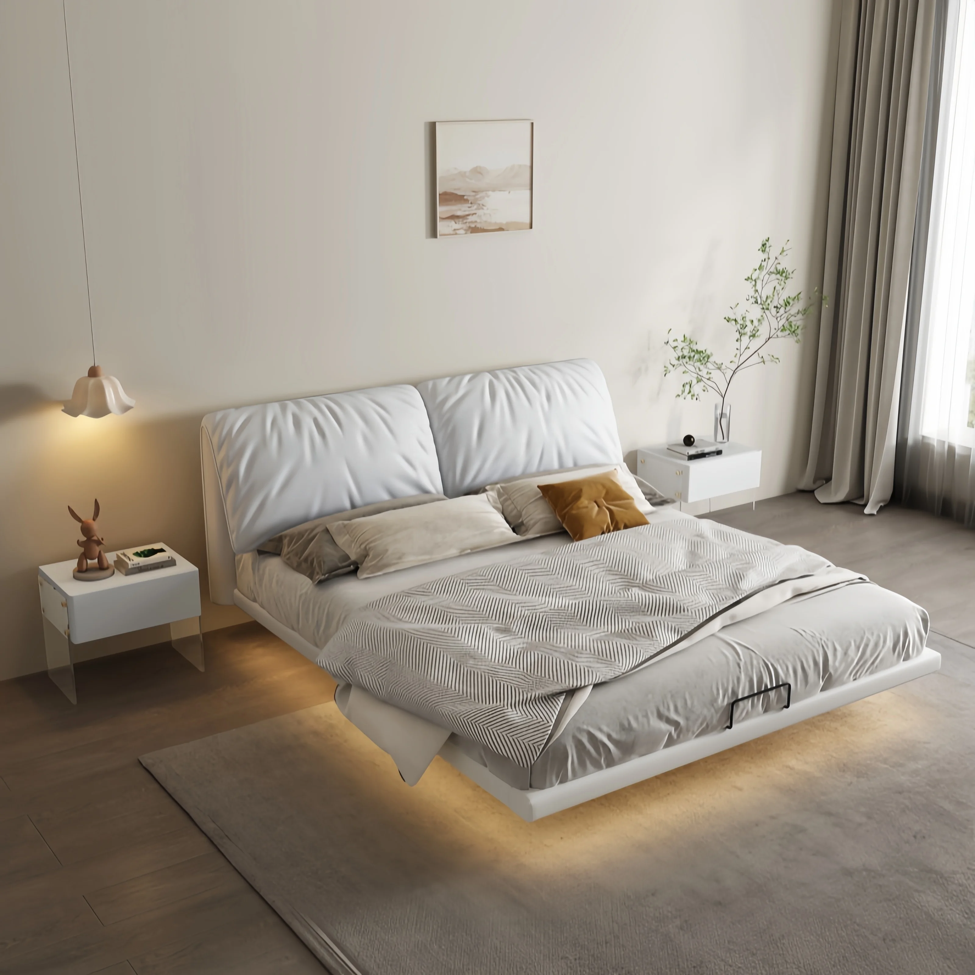 Elande Best Modern Suspended Floor Bed Queen King Size Platform Bedroom Furniture Modern Soft Bed With Headboard