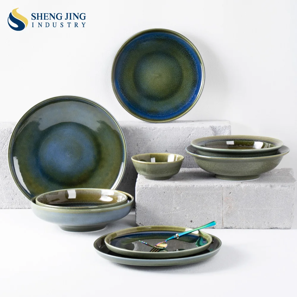 Modern Vintage Kiln Turn Dark Green Ceramic Glaze Dinnerware Set Sustainable Restaurant Tableware Plate Bowl Porcelain Dishes