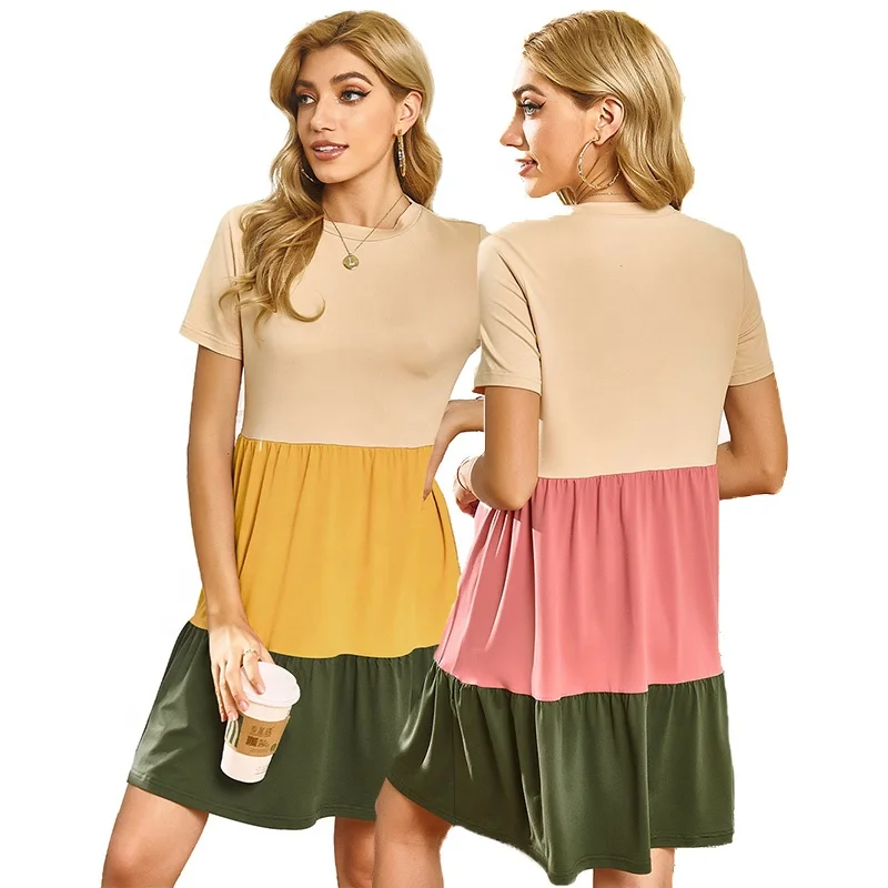 MOTE-ZC203 Wholesale Summer Dresses Women Casual Crew Neck Korean Knee Length Dress Color Block Office Dresses Women Formal Work