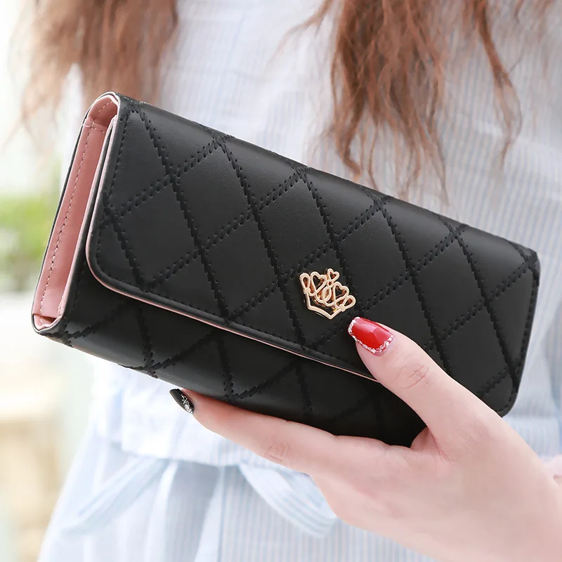Fashion Tri-fold Button Closure Long Purse Women Multi Card Organizer Golden Crown Candy Colors Thread Lattice Clutch Wallet