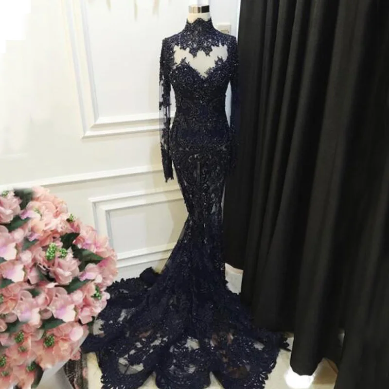 Sexy Sheer Lace Appliques High Neck Long Sleeve Black Gothic Wedding Dresses Gowns