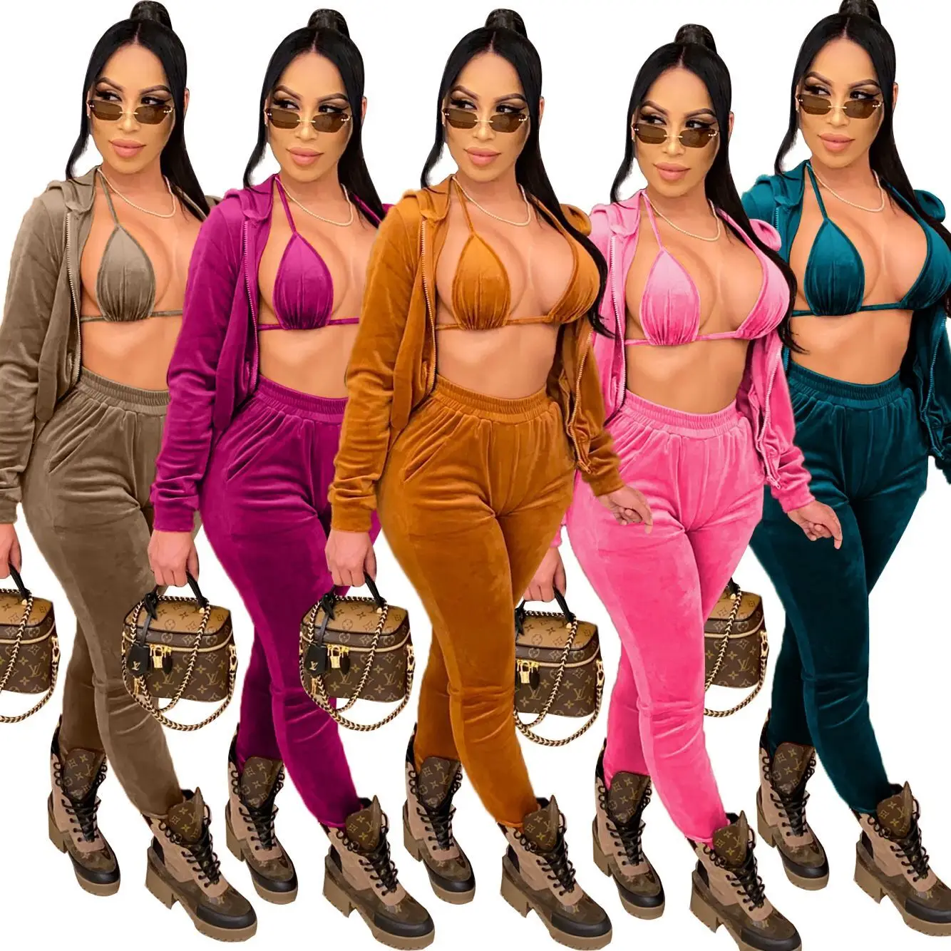 
2020 Women fashion monochrome hoodie sexy underwear stretch pants casual velvet three-piece suit 
