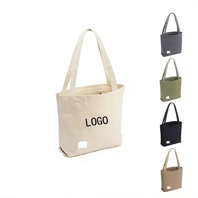 Custom Print Pocket And Zipper Cotton Large Shopping White Canvas Tote Bag