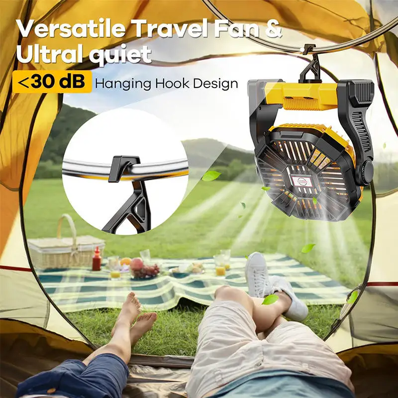 5200ma Rechargeable Battery Operated Tent Fan Portable Camping Fan with Light Hook