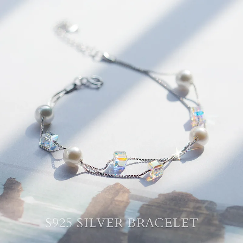
New Design Bling S925 Silver Colorful Square Crystal Bracelets Double Layers Box Chain Freshwater Pearl Bracelets 