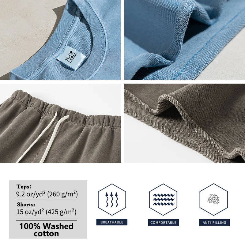 YLS Summer 2 Piece Short Set Oversized Wash Cotton Vintage Streetwear Two Piece Lounge Set Custom Mens Clothing