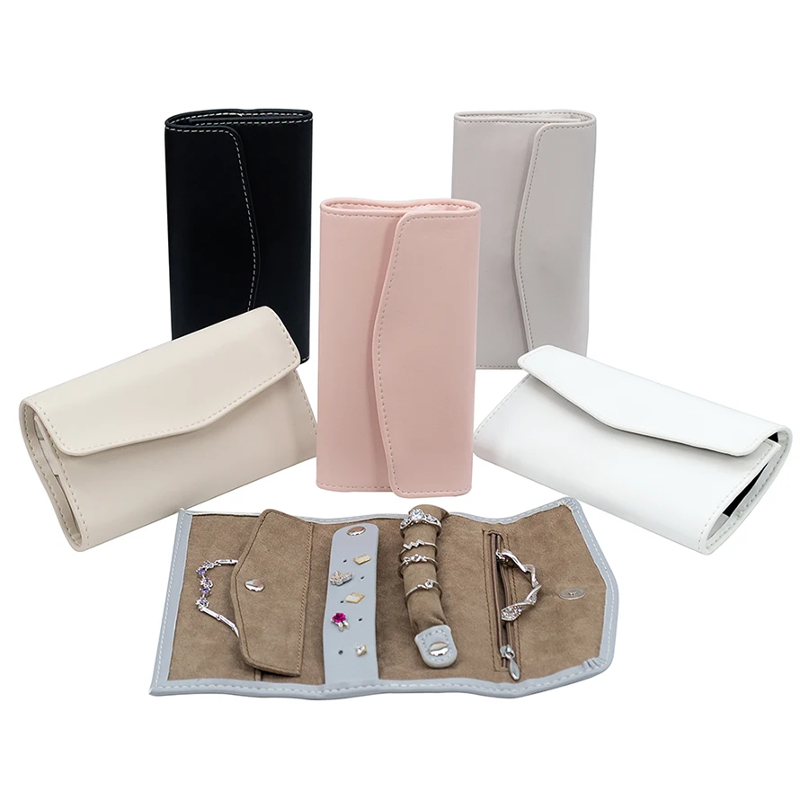Custom Professional Leather Ring Display Case Packaging Bag Pouch With Logo Wholesale Mini Travel Velvet Jewelry Roll