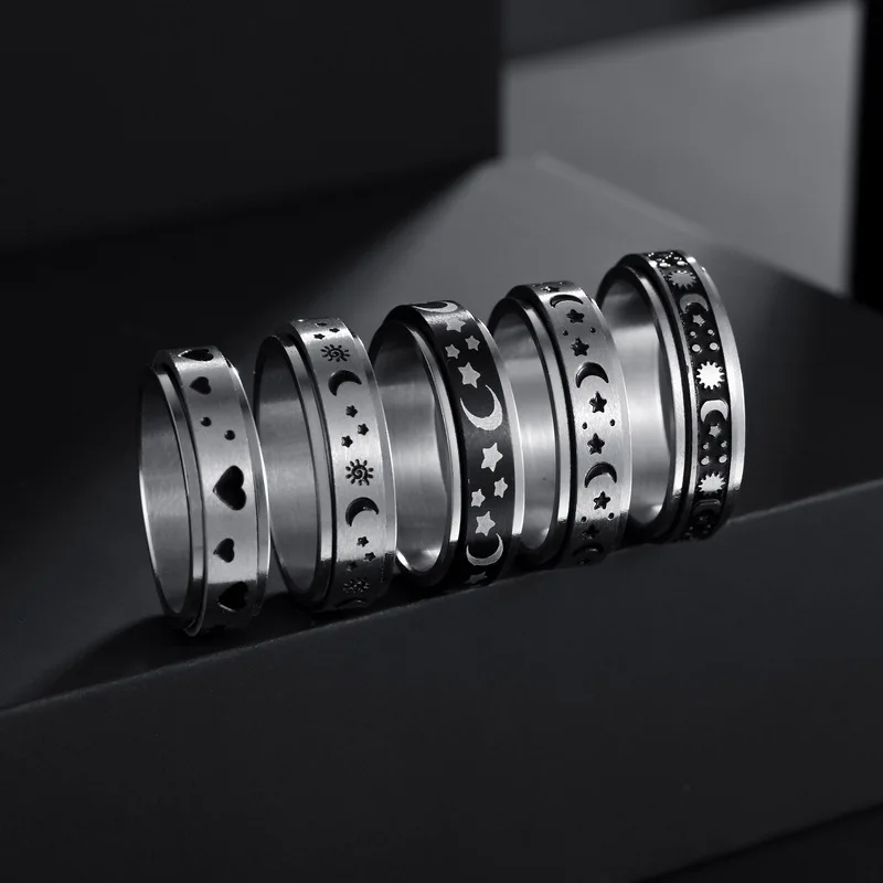 Vintage Rotating Spinning Anxiety Fidget Men Ring Jewelry Moon Star Silver Black Stainless Steel Spinner Anti Anxiety Ring