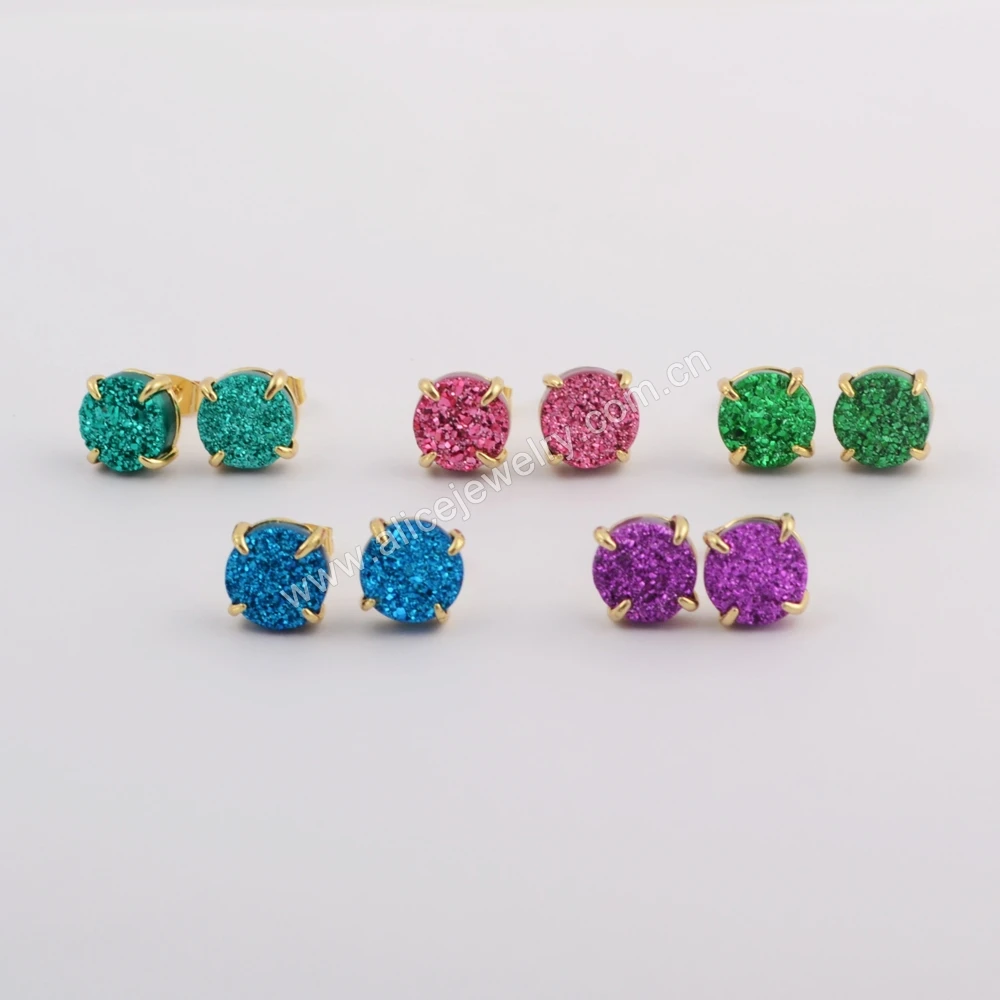 ZG0412 Prong setting 10mm round natural agate druzy stud earrings