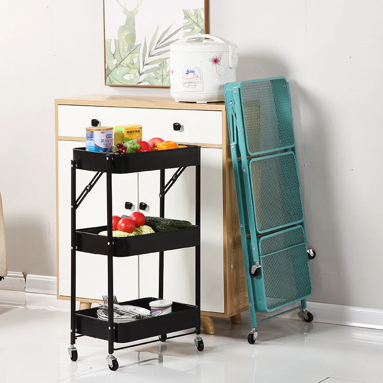 
Folding utility rolling cart storage organizer 3 tiers multifunction trolley cart 