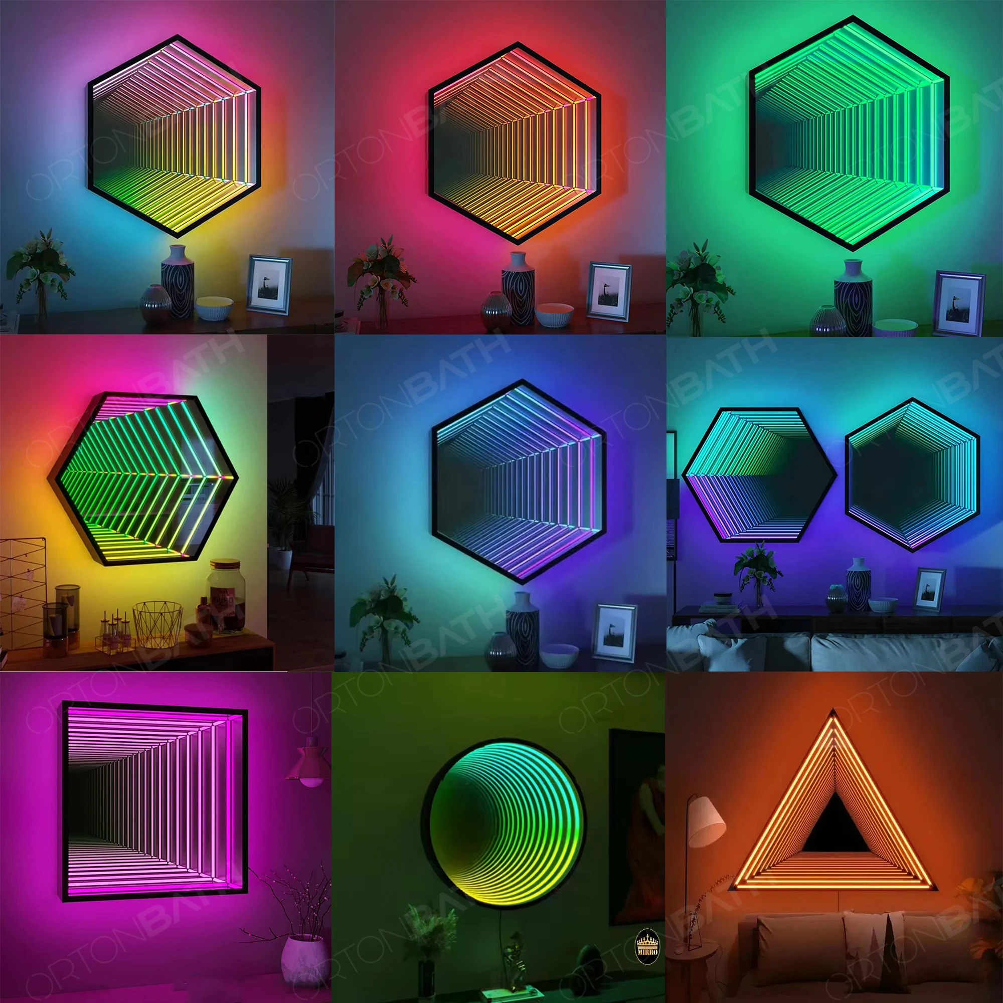 ORTONBATH Mirror Remote Control LED Infinity Wall Mirror Frame with Multi Color Changing Light LED Octagon Tunnel Mirror