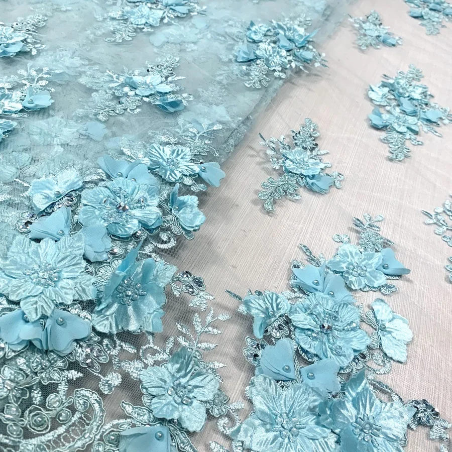 best selling high quality 3d flower beaded lace applique embroidered tulle fabric for dress or bridal, wholesale fabric textile