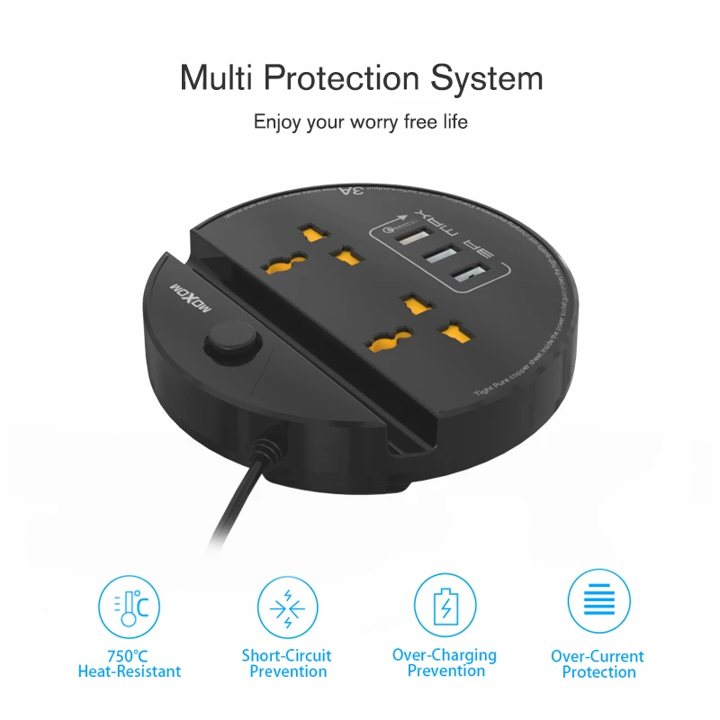 Удлинитель MOXOM с 3 Usb-портами и универсальным дорожным удлинителем на 10 А
